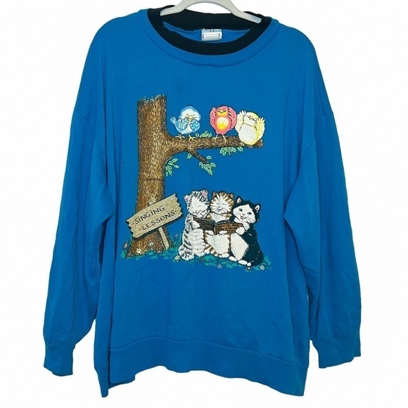 Vintage Cat and Bird Singing Lessons Graphic Crew Neck XL/XXL - Picture 1 of 8